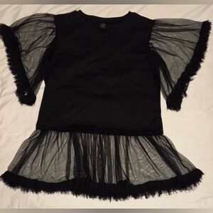 Black Mix Media Mini Dress Blouse with Fray Edged Tulle Sleeves/Hem Womens 3X